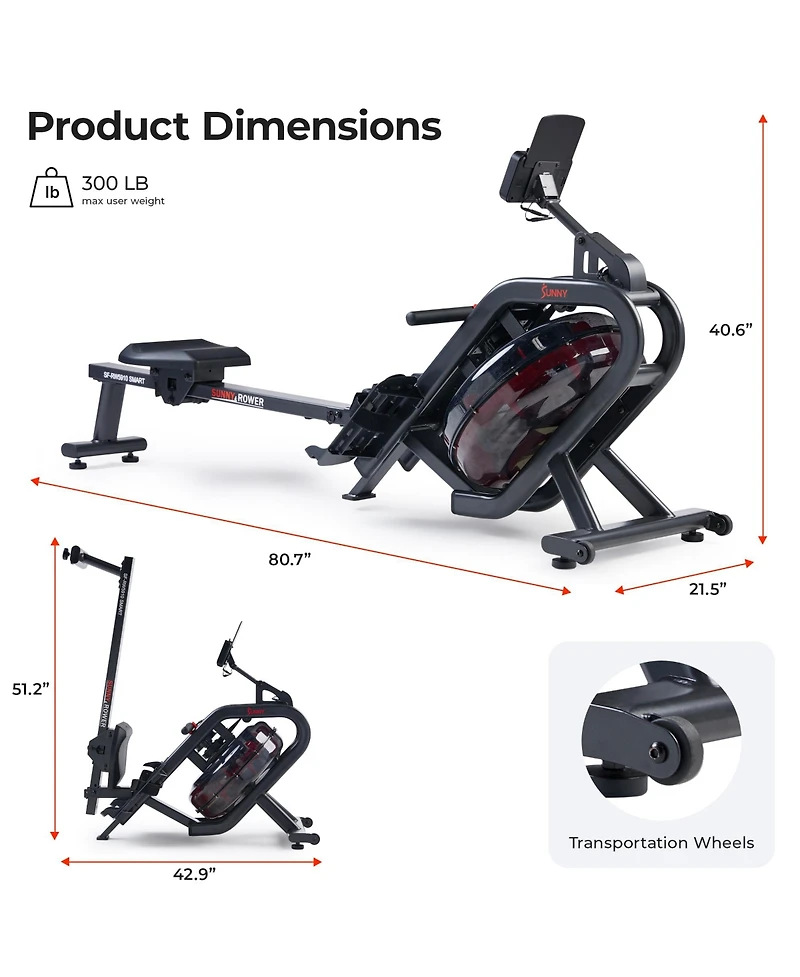 Sunny Health & Fitness Phantom Hydro Smart Water Rowing Machine with Dynamic Real-Time Resistance, Foldable 300 Lb Capacity with Bluetooth Connectivit