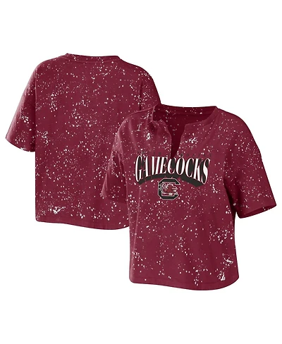 Wear by Erin Andrews Women's Garnet South Carolina Gamecocks Bleach Wash Splatter Cropped Notch Neck T-Shirt