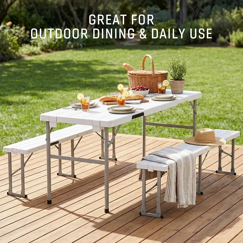 Sugift 3 Pieces Folding Camping Table Stool Set with 2 Retractable Led Stools
