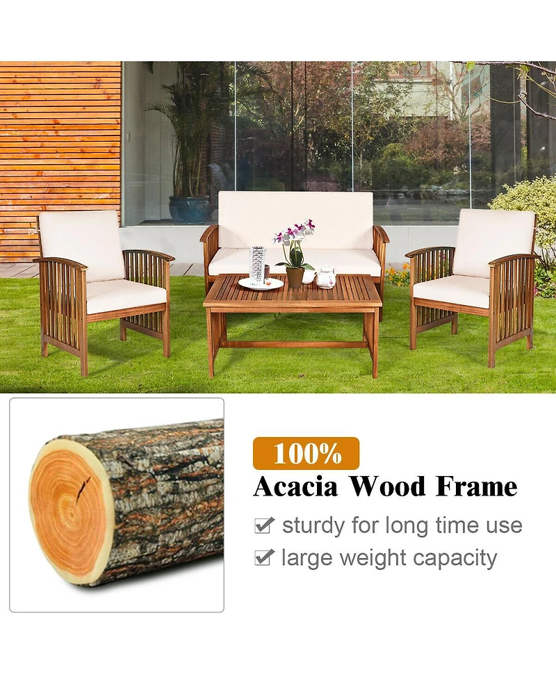 Inolait Sugift 4 Pieces Patio Solid Wood Furniture Set with Water Resistant Cushions