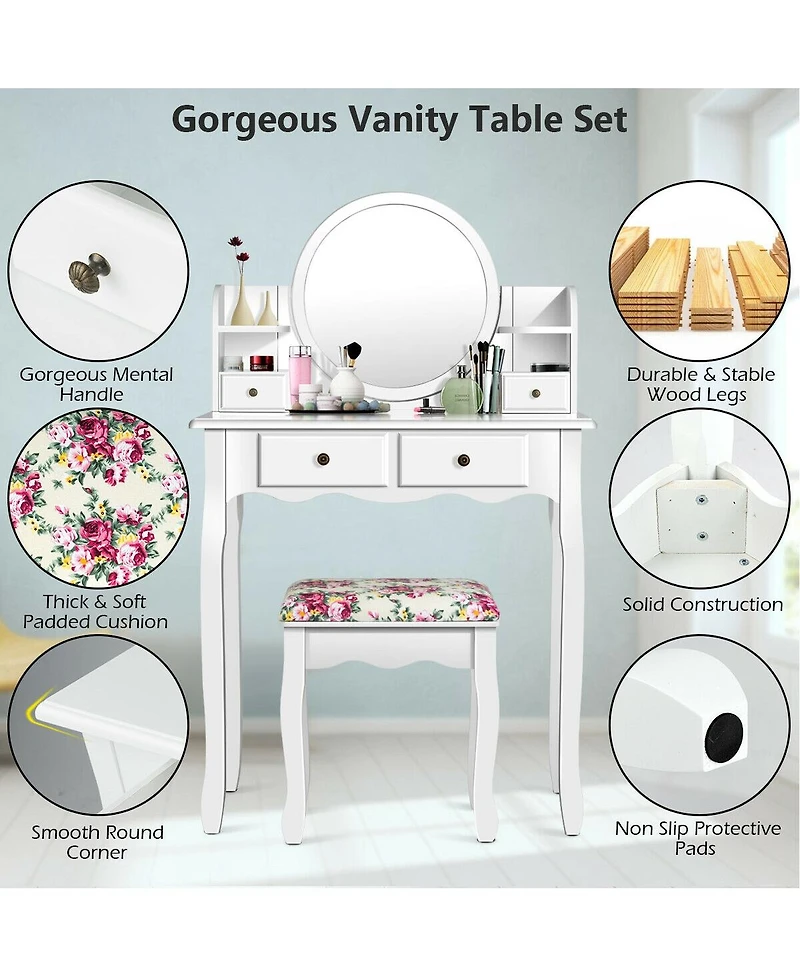 Sugift Makeup Vanity Table Set with 360° Pivoted Round Mirror