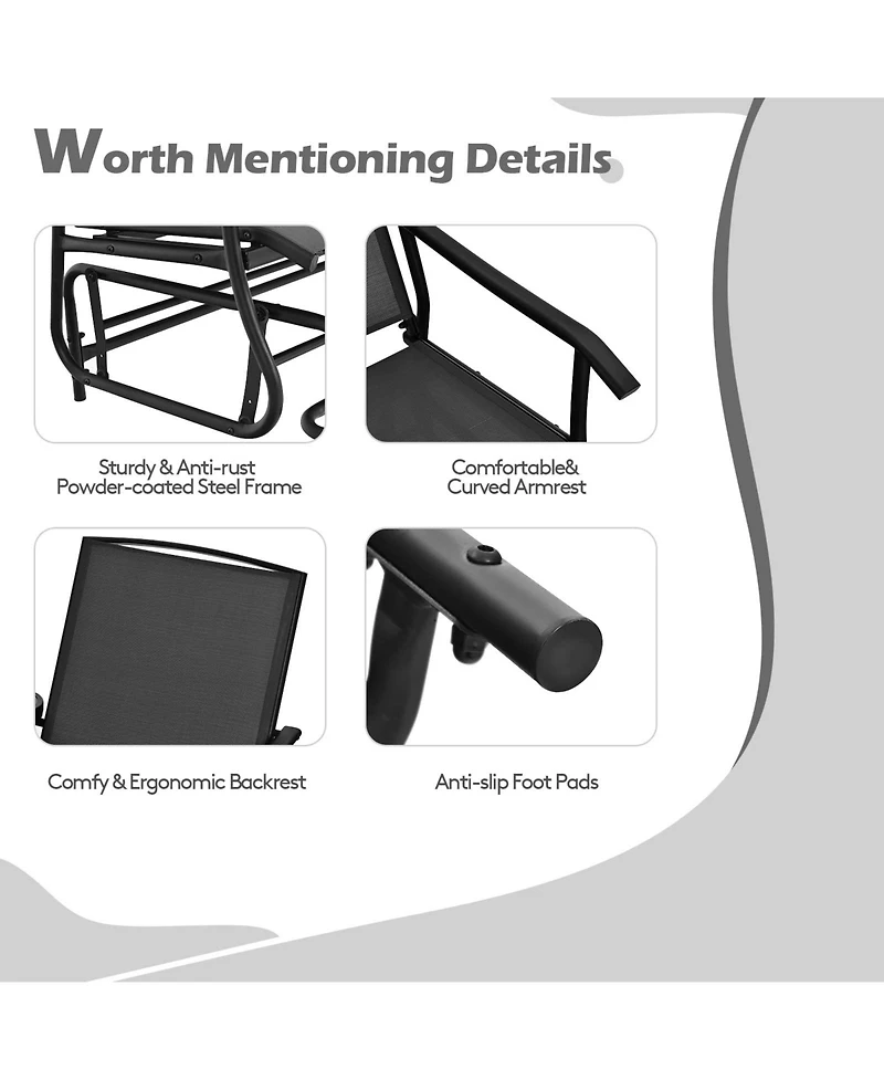 Sugift 2-Person Double Rocking Loveseat with Mesh Fabric and Center Tempered Glass Table
