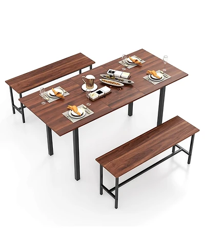 3 Piece Dining Table Set for 4-6 63"Kitchen Table with 2 Benches Metal Frame