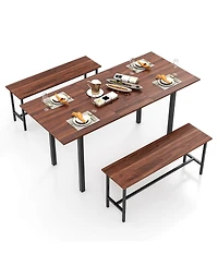 3 Piece Dining Table Set for 4-6 63"Kitchen Table with 2 Benches Metal Frame