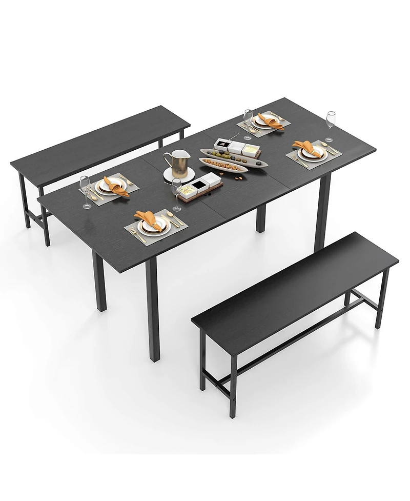 3 Piece Dining Table Set for 4-6 63"Kitchen with 2 Benches Metal Frame