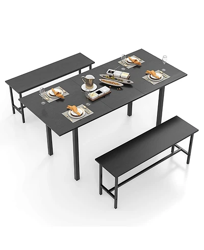 3 Piece Dining Table Set for 4-6 63"Kitchen with 2 Benches Metal Frame