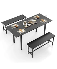3 Piece Dining Table Set for 4-6 63"Kitchen with 2 Benches Metal Frame