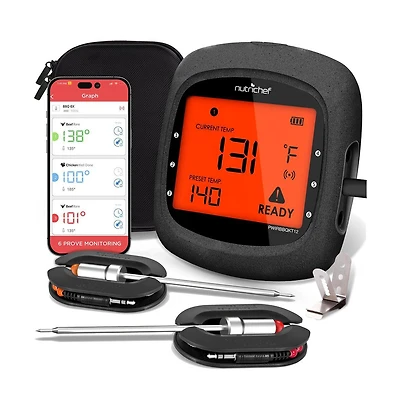 NutriChef Bluetooth Wireless Bbq Digital Thermometer - Includes 2 Temperature Probes and Travel Case with Digital Lcd Display Screen
