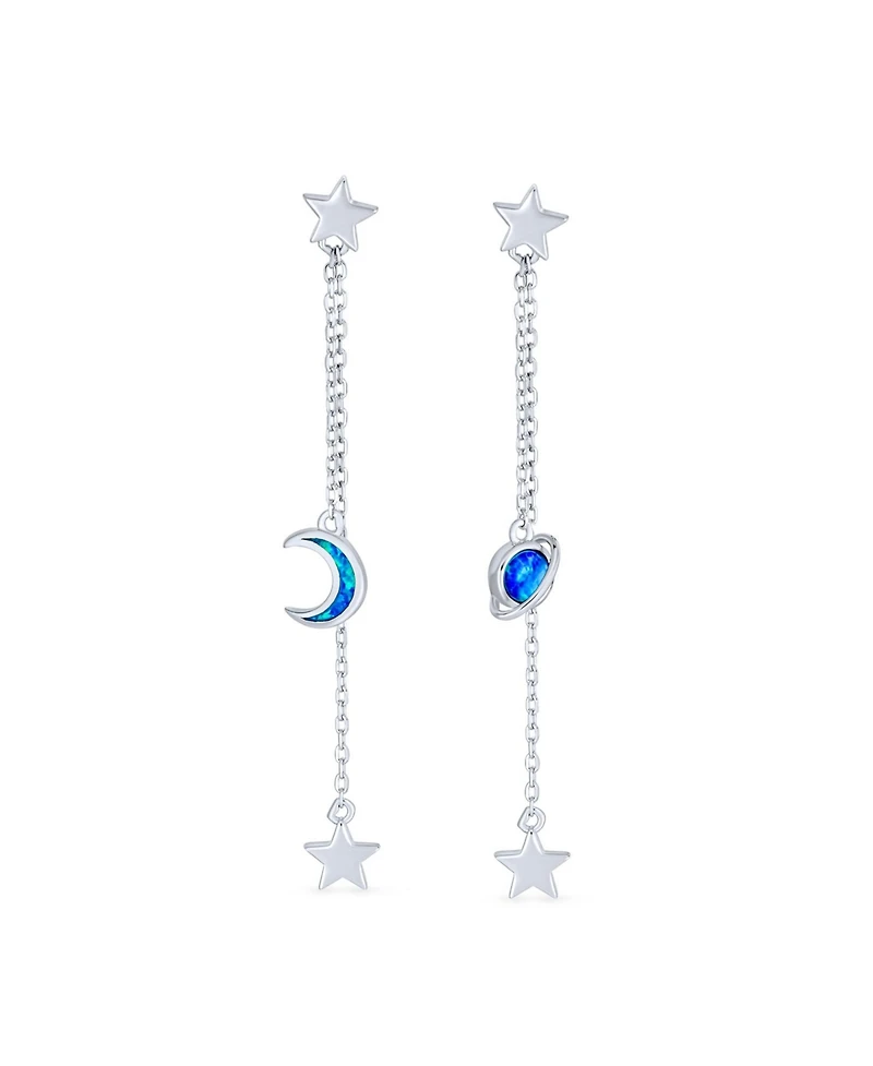 Bling Jewelry Elegant Celestial Crescent Moon Stars Long Chain Dangle Earrings Blue Synthetic Opal Inlay 925 Sterling Silver