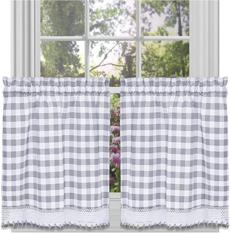 Kate Aurora 2 Piece Country Farmhouse Buffalo Plaid Rod Pocket Cafe Tier Curtain Panels With Macrame Border