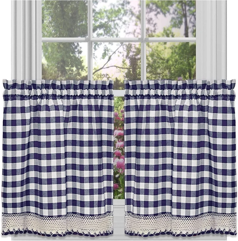 Kate Aurora 2 Piece Country Farmhouse Buffalo Plaid Rod Pocket Cafe Tier Curtain Panels With Macrame Border