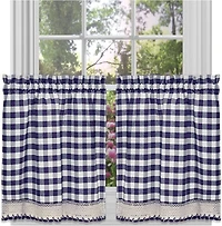 Kate Aurora 2 Piece Country Farmhouse Buffalo Plaid Rod Pocket Cafe Tier Curtain Panels With Macrame Border