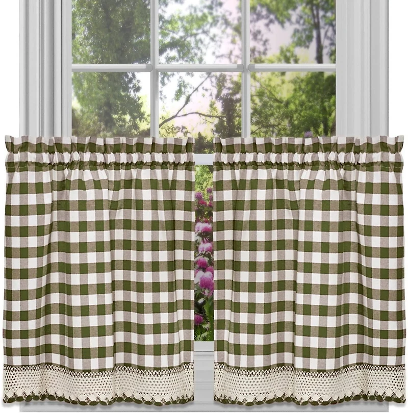 Kate Aurora 2 Piece Country Farmhouse Buffalo Plaid Rod Pocket Cafe Tier Curtain Panels With Macrame Border