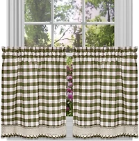 Kate Aurora 2 Piece Country Farmhouse Buffalo Plaid Rod Pocket Cafe Tier Curtain Panels With Macrame Border