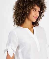 Charter Club Women's 100% Linen Split-Neck Tie-Cuff Top, Created for Macy's