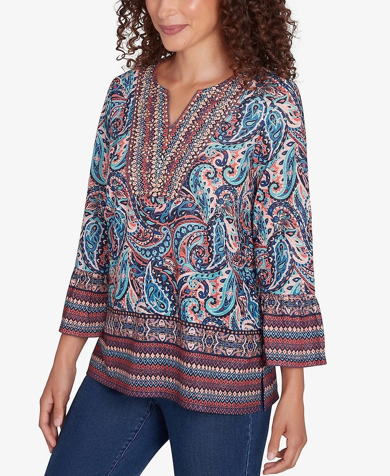 Ruby Rd. Petite Embellished Placket Paisley Print Slub Jersey Top