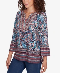 Ruby Rd. Petite Embellished Placket Paisley Print Slub Jersey Top