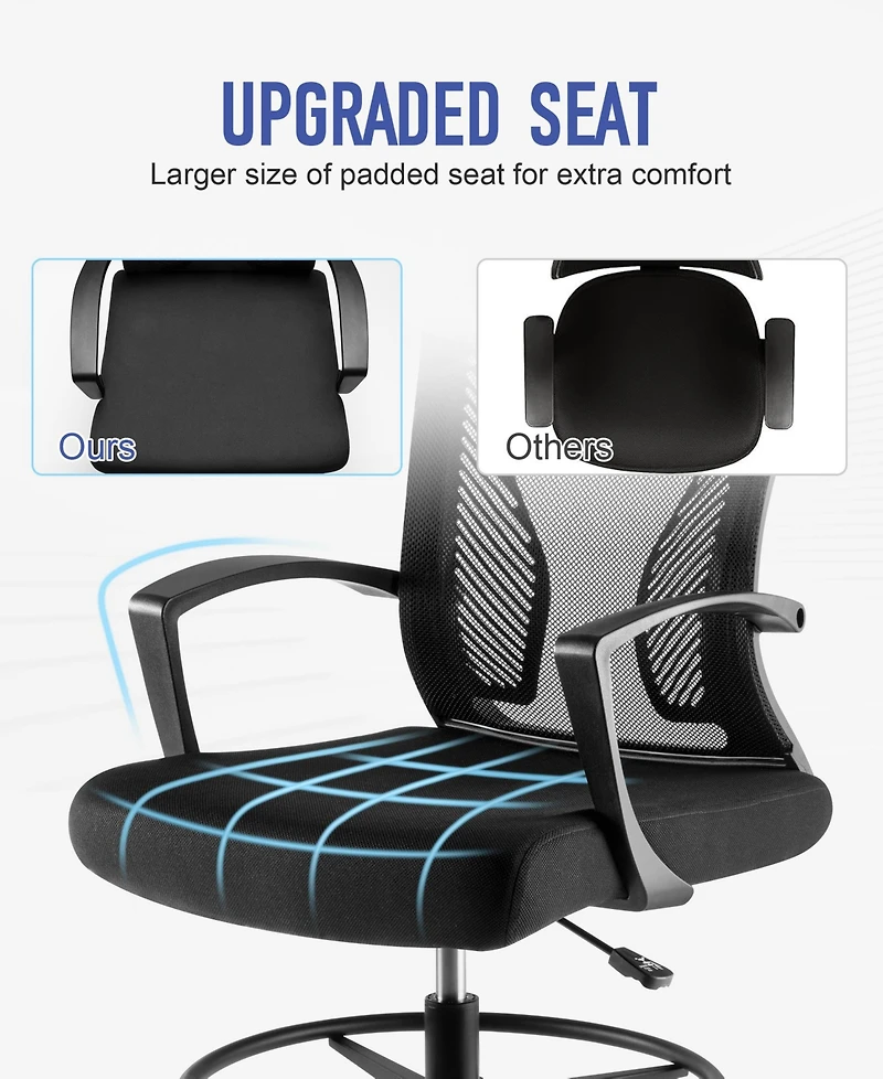 Sugift Ergonomic Drafting Chair Tall Office Chair with Foot Ring, Adjustable Height, Lumbar Support, Mesh Back