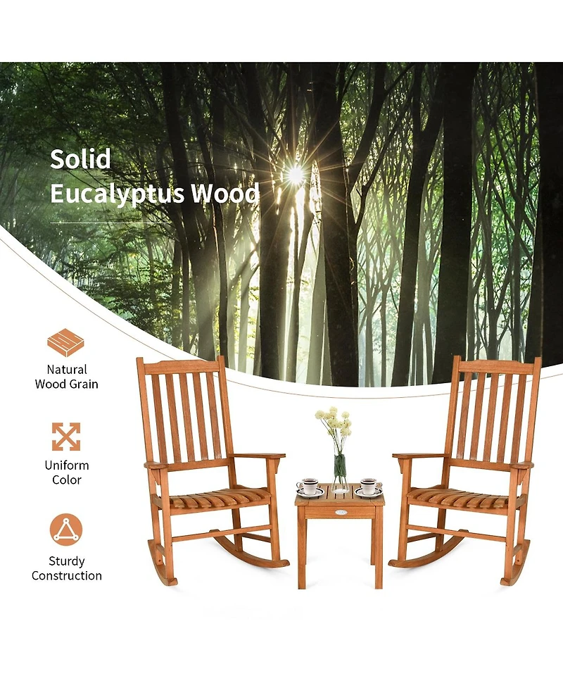 Sugift 3 Pieces Eucalyptus Rocking Chair Set with Coffee Table