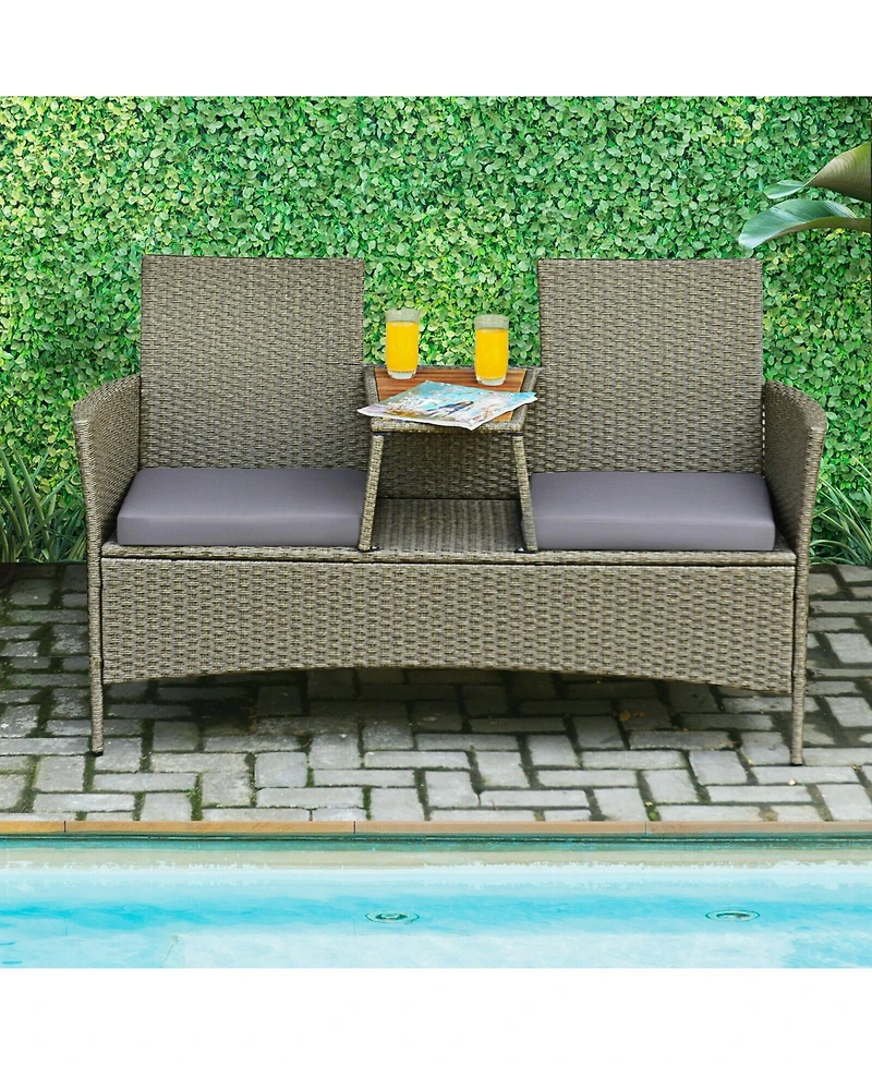 Sugift 2-Person Patio Rattan Conversation Furniture Set with Coffee Table