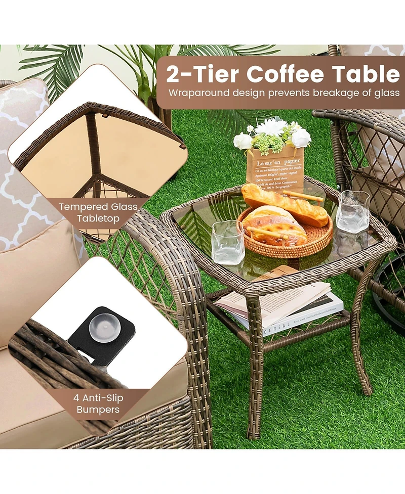 Sugift 3 Pieces Outdoor Wicker Conversation Set with Tempered Glass Coffee Table