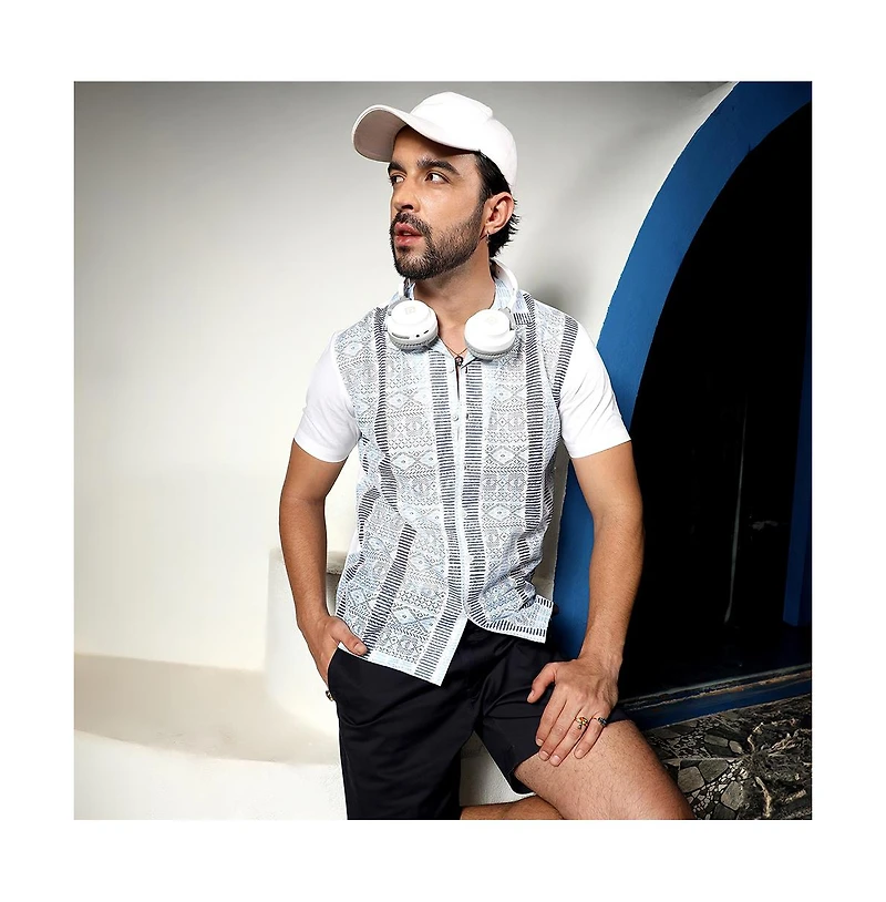 Men's Sky Blue & Midnight Black Fish Eye Ethnic Shirt