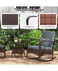 3 Pcs Rocking Bistro Set with Removable Cushions & Tempered Glass Top Coffee Table