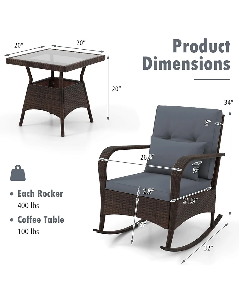 3 Pcs Rocking Bistro Set with Removable Cushions & Tempered Glass Top Coffee Table