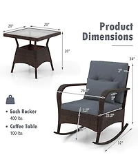 3 Pcs Rocking Bistro Set with Removable Cushions & Tempered Glass Top Coffee Table