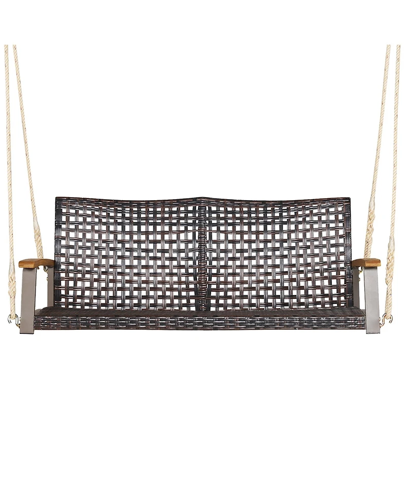 2-Person Patio Rattan Hanging Swing Chair Porch Loveseat Cushion Off White
