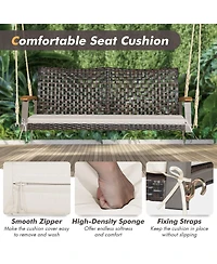 2-Person Patio Rattan Hanging Swing Chair Porch Loveseat Cushion Off White