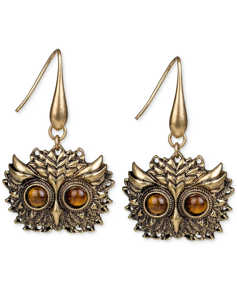 Patricia Nash Gold-Tone Tiger's Eye Owl Head Drop Earrings