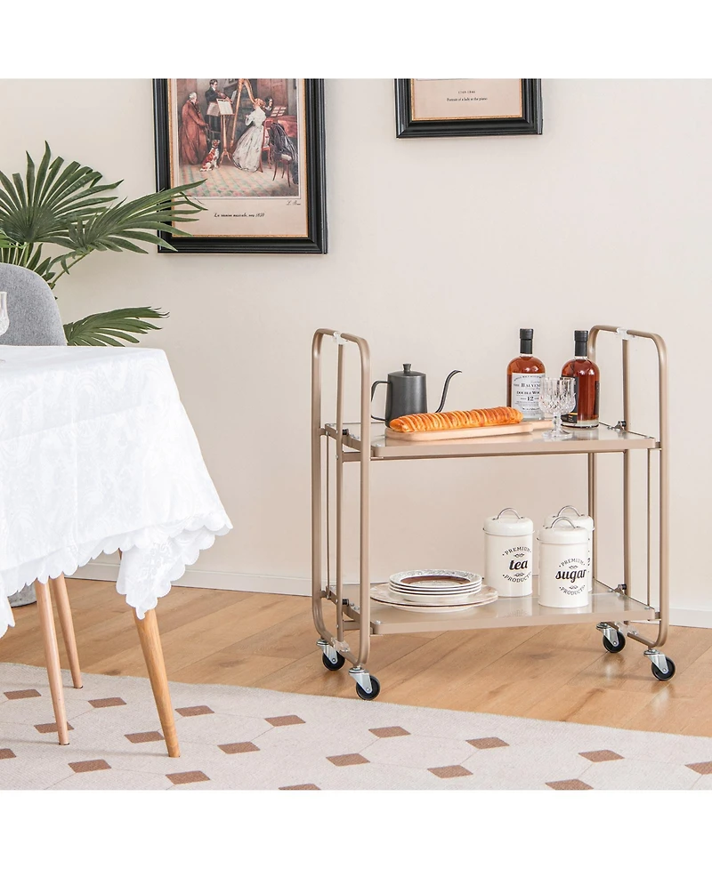 Sugift 2-Tier Mobile Serving Cart with Tempered Glass Shelf