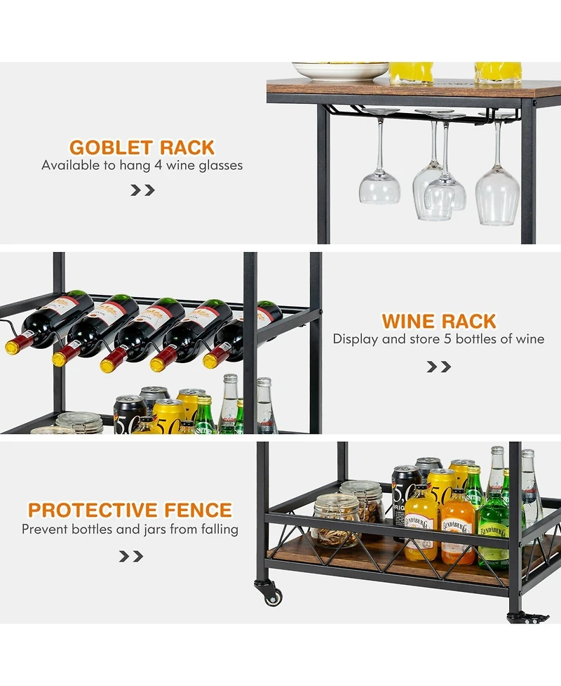 Sugift Kitchen Bar Cart Serving Trolley on Wheels with Wine Rack Glass Holder