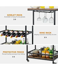 Sugift Kitchen Bar Cart Serving Trolley on Wheels with Wine Rack Glass Holder