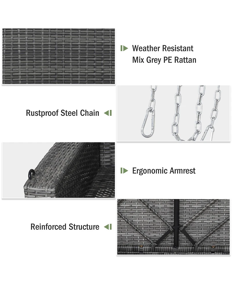 2-Person Patio Pe Wicker Hanging Porch Swing Bench Chair Cushion 800lbs