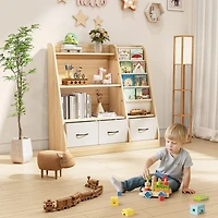 Wooden Kids Storage Organizer Shelf with Book Rack and Fabric Bins