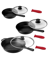 MegaChef Pre-Seasoned 9 Piece Cast Iron Skillet Set with Lids and Red Silicone Holder