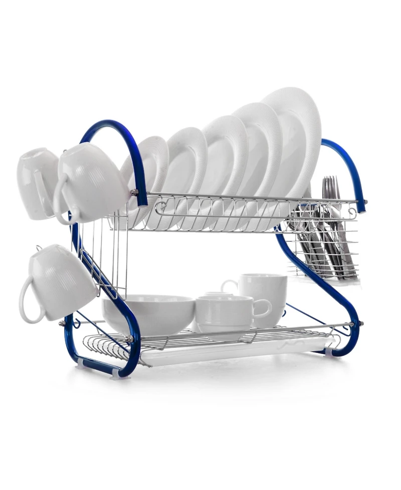 MegaChef 16 Inch Two Shelf Iron Wire Dish Rack in Blue
