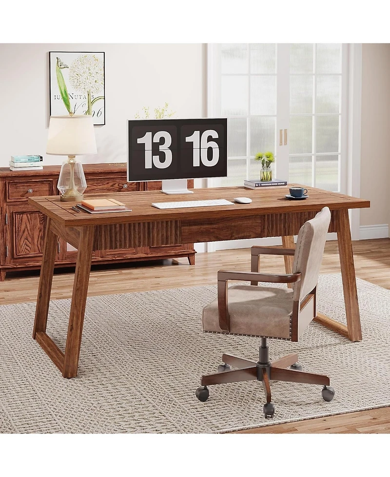 Tribesigns Home Office Executive Desk: 55 Inches Solid Wood Computer Desk with Drawer, Rustic Pc Laptop Desk Workstation Furniture, Walnut Brown