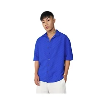 Men's Royal Blue Textured Geometric Oversized Shirt