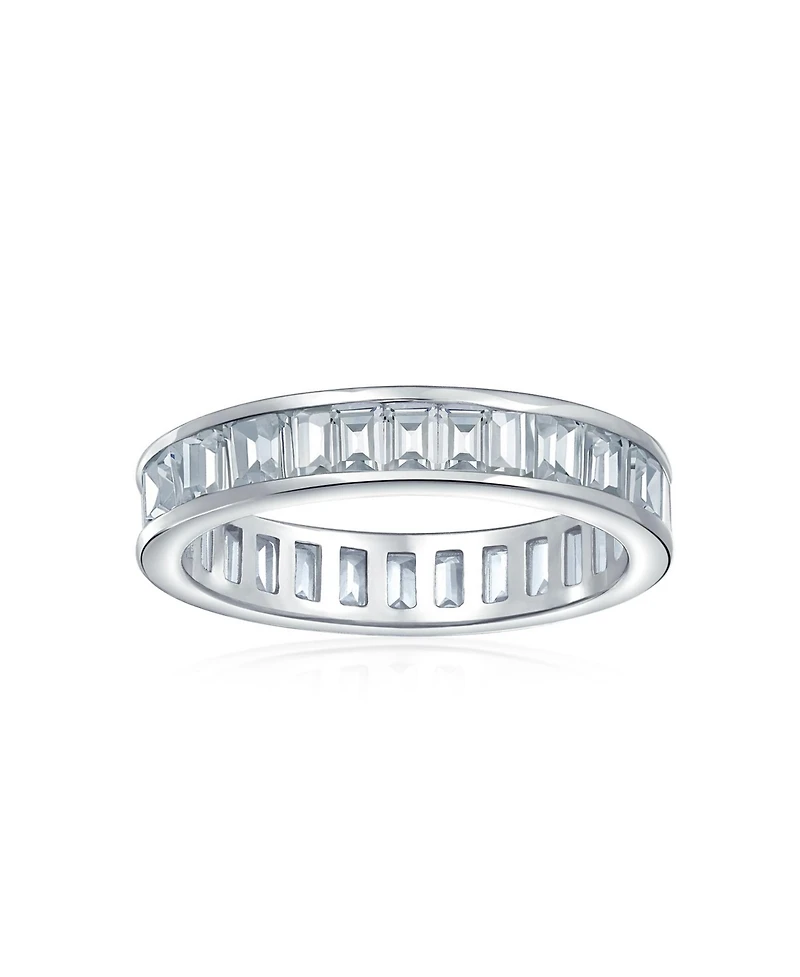 Bling Jewelry Cubic Zirconia Channel Set Rectangle Emerald Cut Baguette Cz Eternity Band Ring .925 Sterling Silver 4MM Stackable Rings