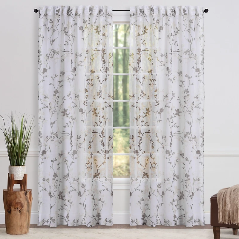 Chanasya Premium 2-Panel Floral Textured Sheer Curtain Panels - 3-in-1 Back Tab, Rod Pocket