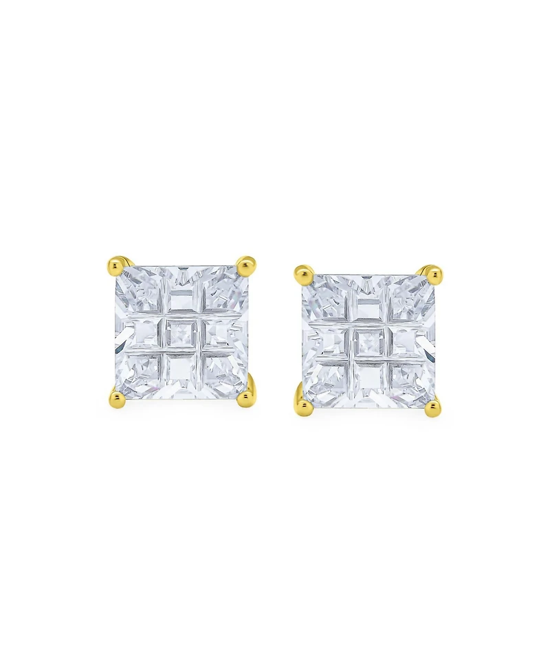 Bling Jewelry Square Cz Cubic Zirconia Invisible Cut Stud Earrings 14K Gold Plated .925 Sterling Silver