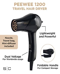 StyleCraft Professional Peewee 1200 Folding Handle Dual Voltage Compact Travel Hair Dryer with Nozzle, Diffuser, and Travel Bag
