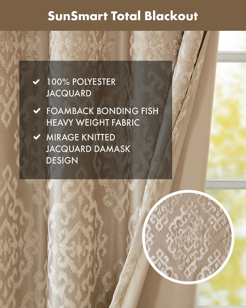 Mirage Knitted Jacquard Damask Total blackout curtains for bedroom, Silver grommet top fit up to 1.25 inches rod Single Curtain Panel for Living Room