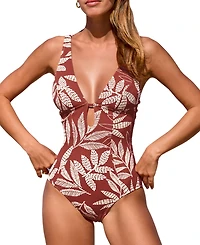 Cupshe Women's Brick Red Botanical Prints Front Keyhole Gathered Back One-Piece Swimsuit