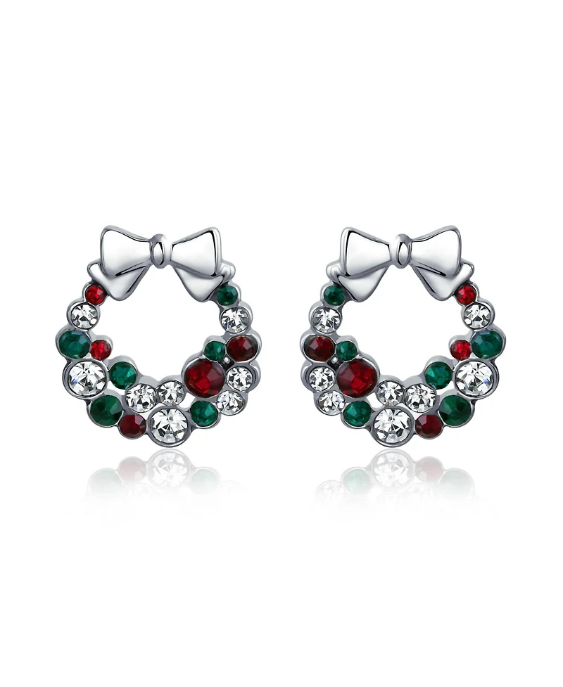 Bling Jewelry Fashion Sparkling Christmas Bow Red Green White Crystal Holiday Wreath Stud Earrings Crystal Silver Plated