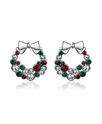 Bling Jewelry Fashion Sparkling Christmas Bow Red Green White Crystal Holiday Wreath Stud Earrings Crystal Silver Plated