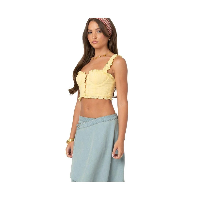 Edikted Womens Button Front Cropped Eyelet Corset